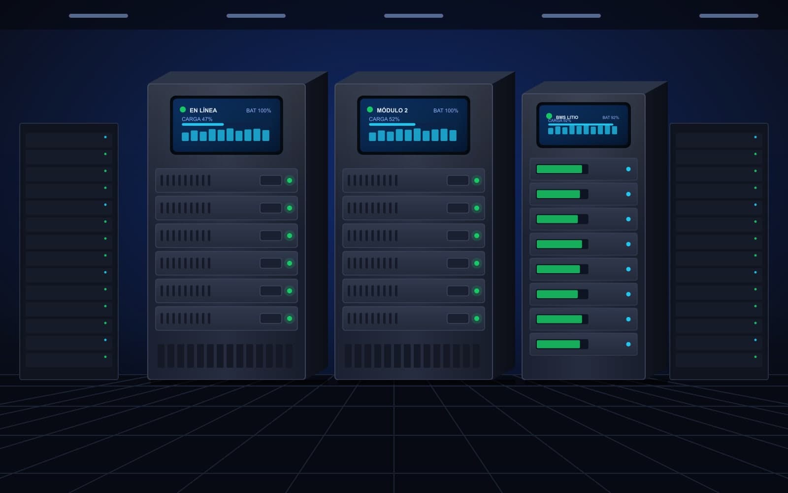 Ilustración de UPS modulares con pantalla táctil y gabinete de baterías de litio